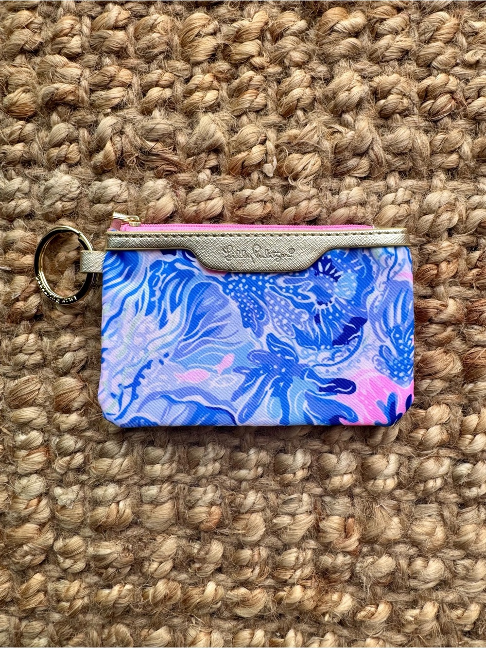 Lilly Pulitzer Blue Pink Tropical Print ID Wallet with Gold Trim